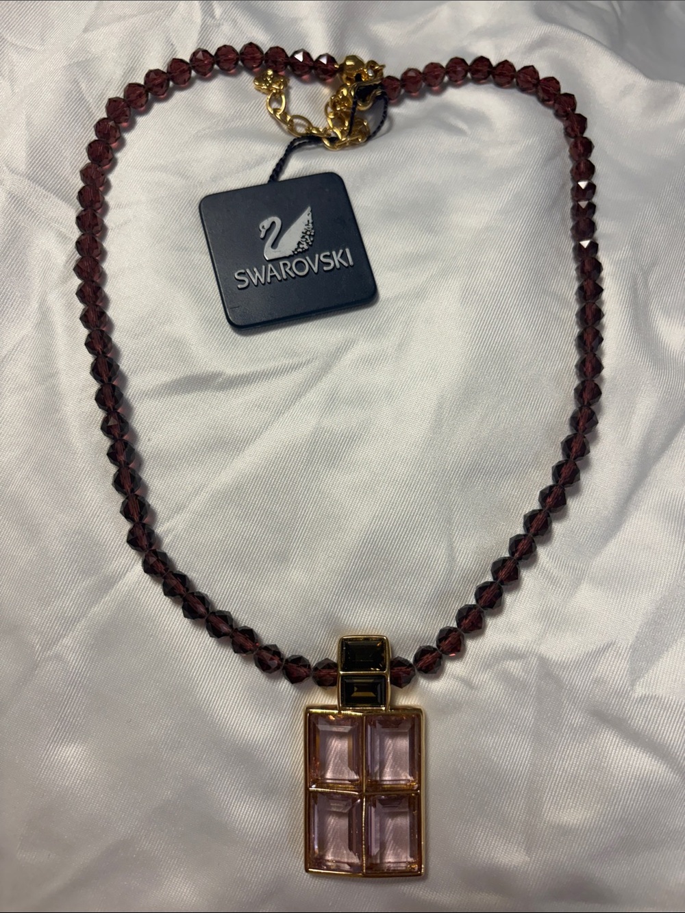 Swarovski Burgundy Beaded Necklace with Pink Crystal Grid Pendant